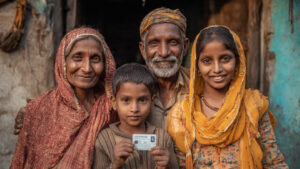 आयुष्मान कार्ड के साथ गरीब परिवार.