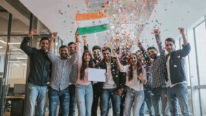 Start up India Registration Indian.entrepreneurs celebrating DPIIT certificate approval with tricolor confetti and Indian flag