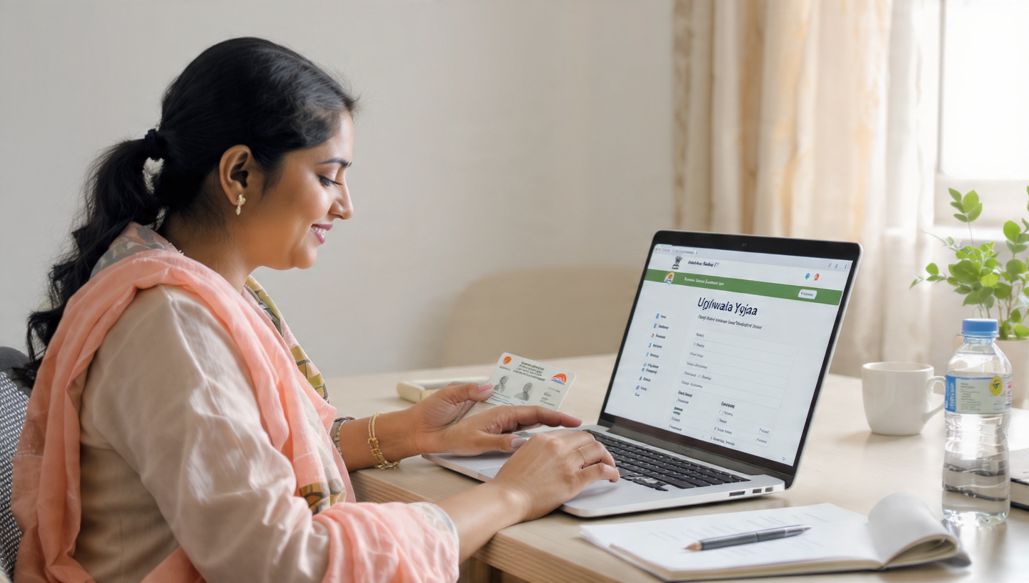 प्रधानमंत्री उज्ज्वला योजना 2.0 के लिए घर बैठे ऑनलाइन आवेदन करती महिला, लैपटॉप पर सरकारी पोर्टल खुला हुआ, हाथ में आधार कार्ड.
