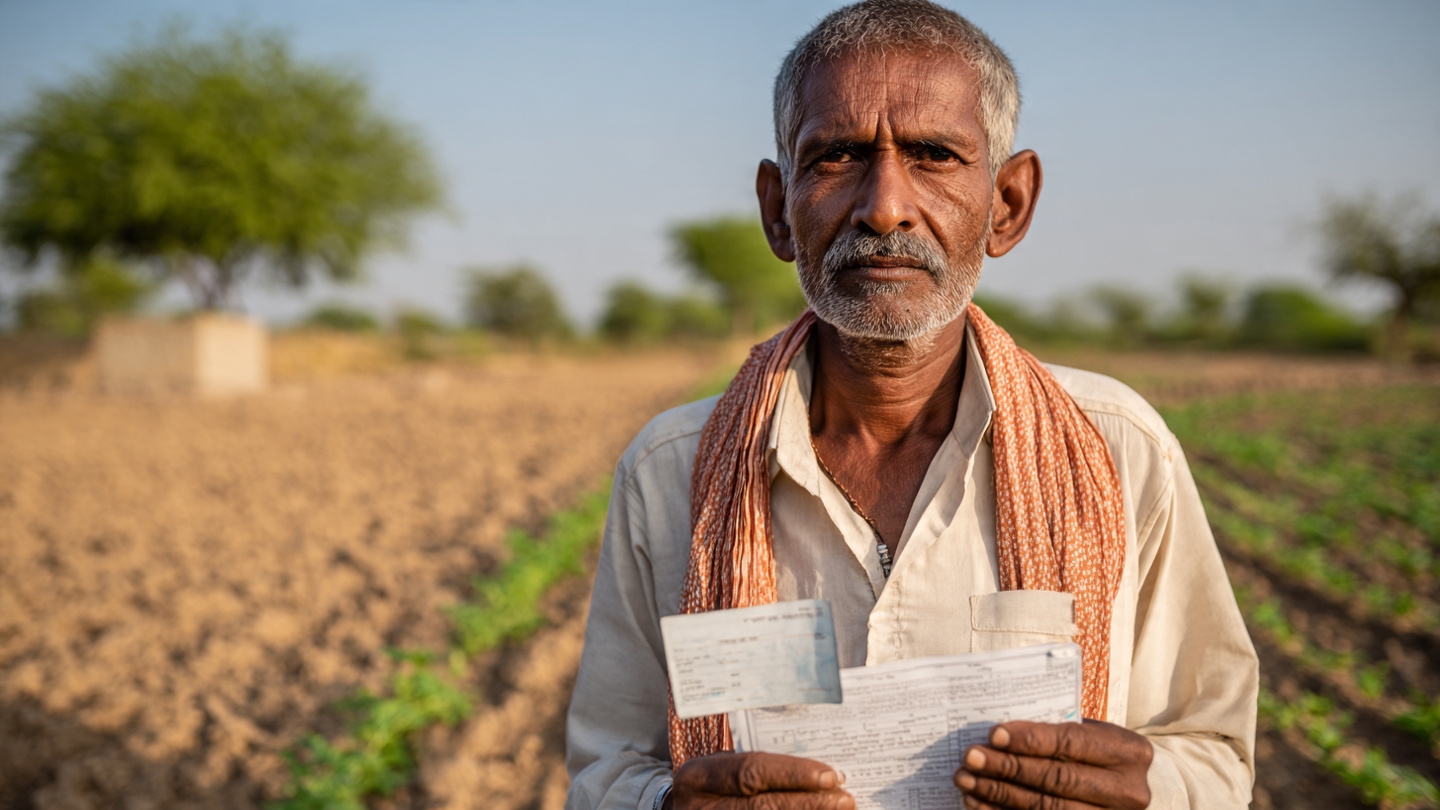 PM Kisan Mandhan Yojana पात्रता - 2 हेक्टेयर तक जमीन वाला छोटा किसान अपने खेत में खड़ा है.