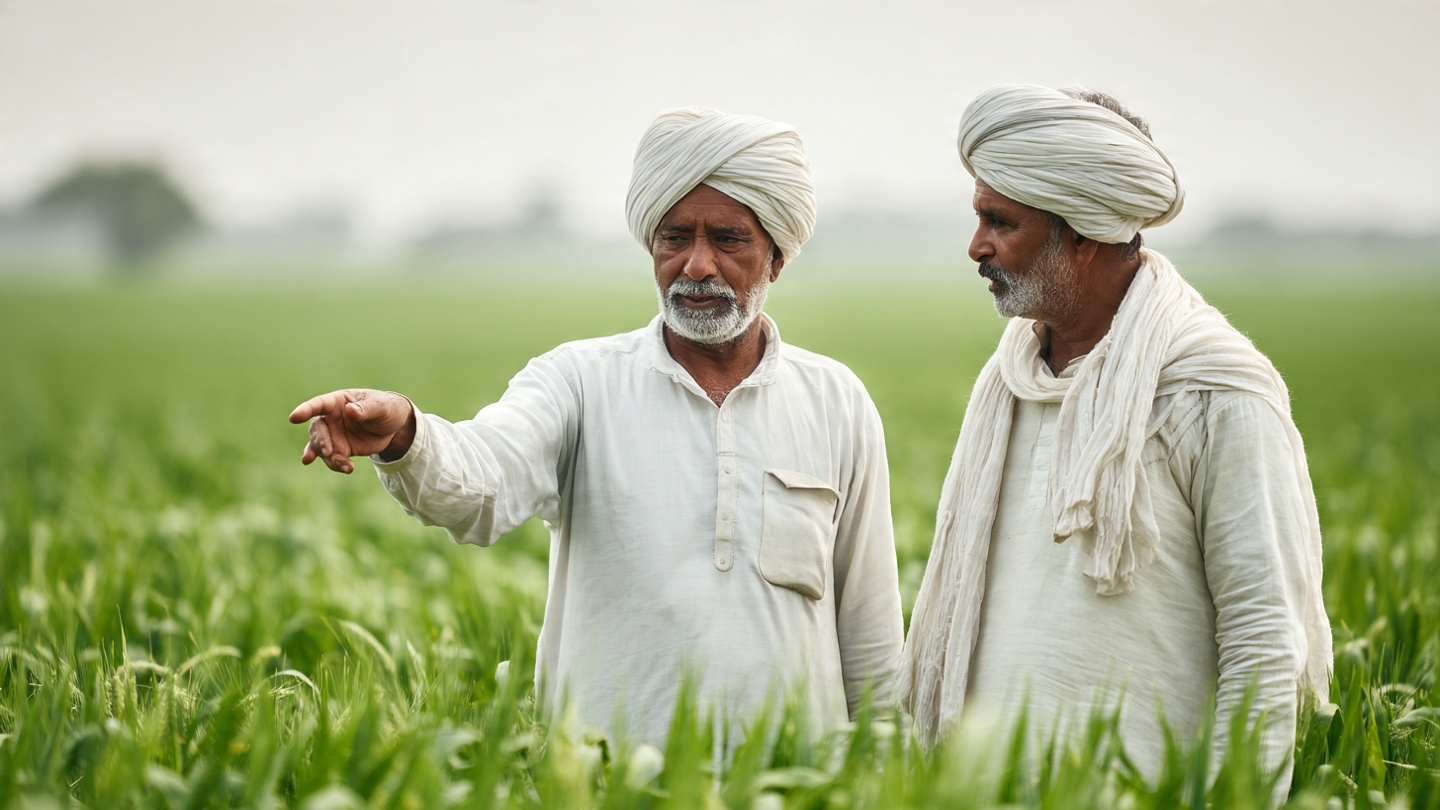 PM Kisan Mandhan Yojana क्या है - एक किसान दूसरे किसान को योजना के बारे में समझा रहा है.